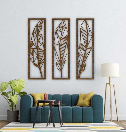Natural wood brown decorative wall panels with abstract geometric feather cutouts, set of three, perfect for contemporary or rustic-themed interiors.