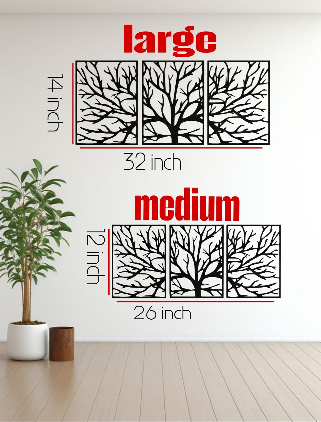 Size comparison of black tree wall art panels in a minimal room, showing medium size at 26x18 inches and large size at 32x22 inches, displayed side by side on a white wall