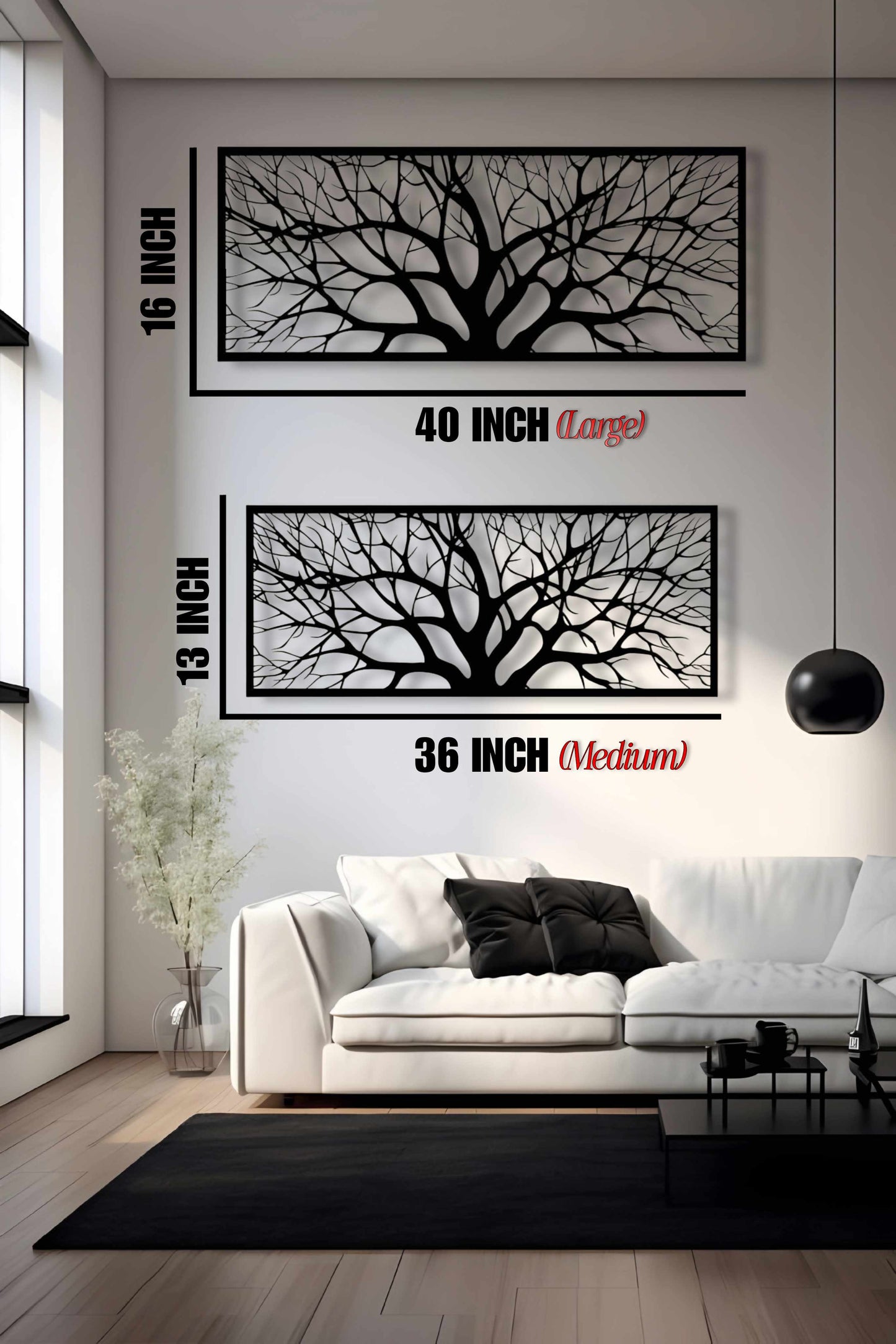 Wall art of black tree branches with size measurements in a living room.