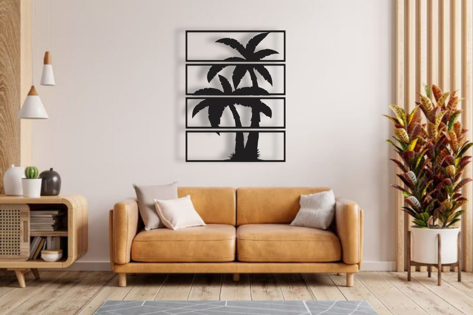 "Modern living room with beige sofa and black 4-panel palm tree metal wall art, minimal tropical home decor"
