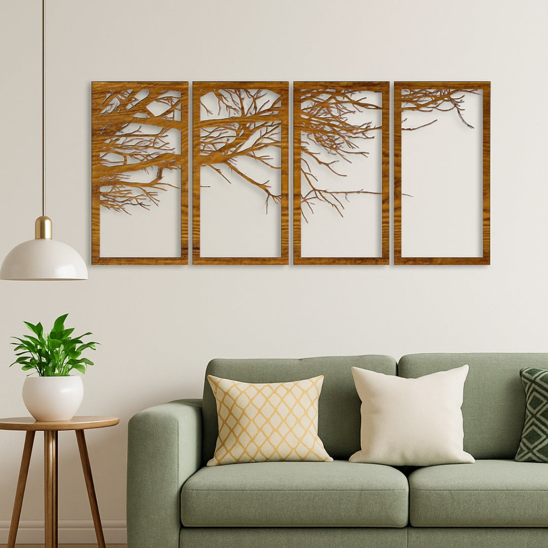 Wooden Tree Branch Wall Art – 4 Panel Modern Home Decor