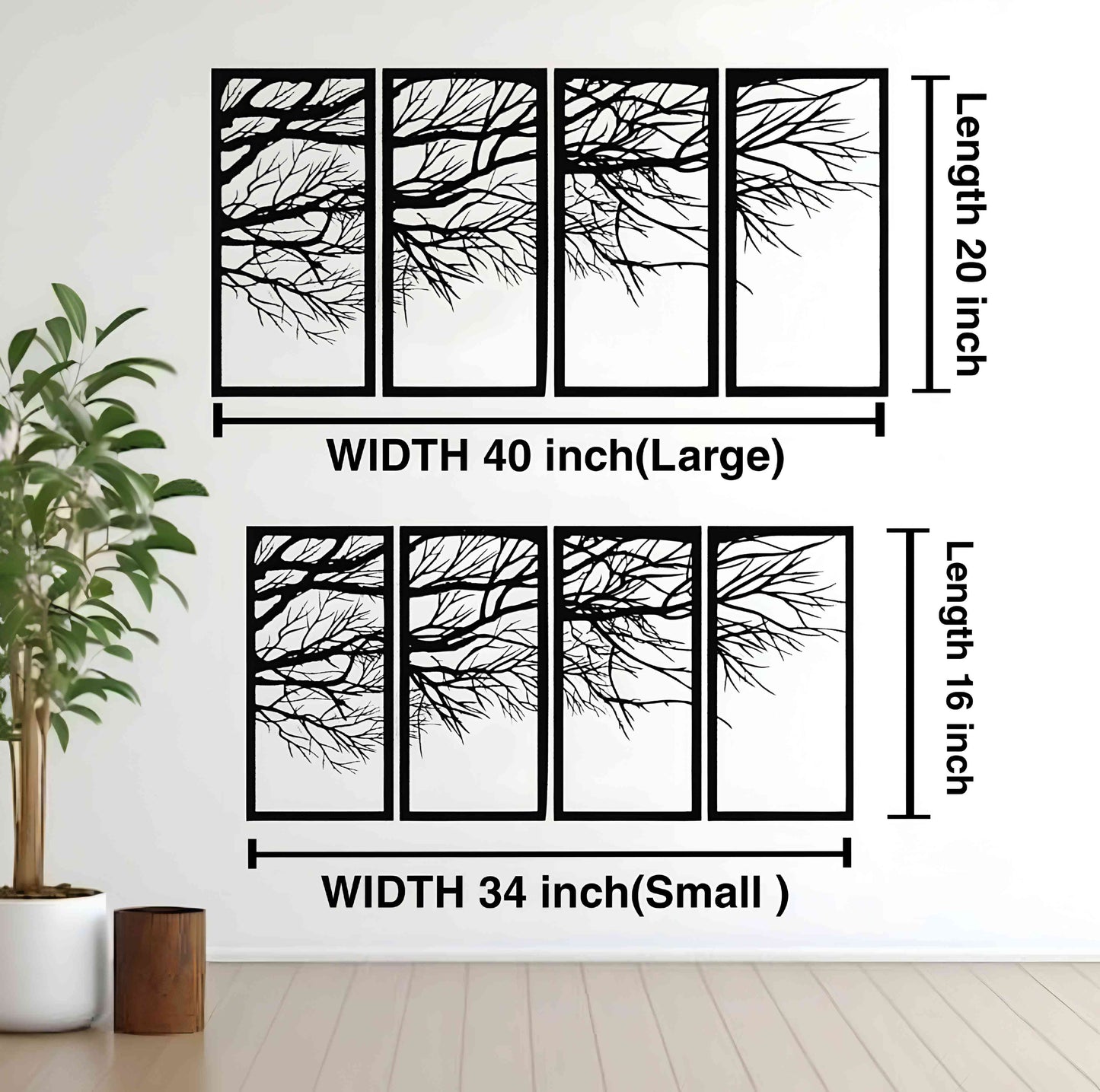Wall art panels with tree design and measurements on a white wall.