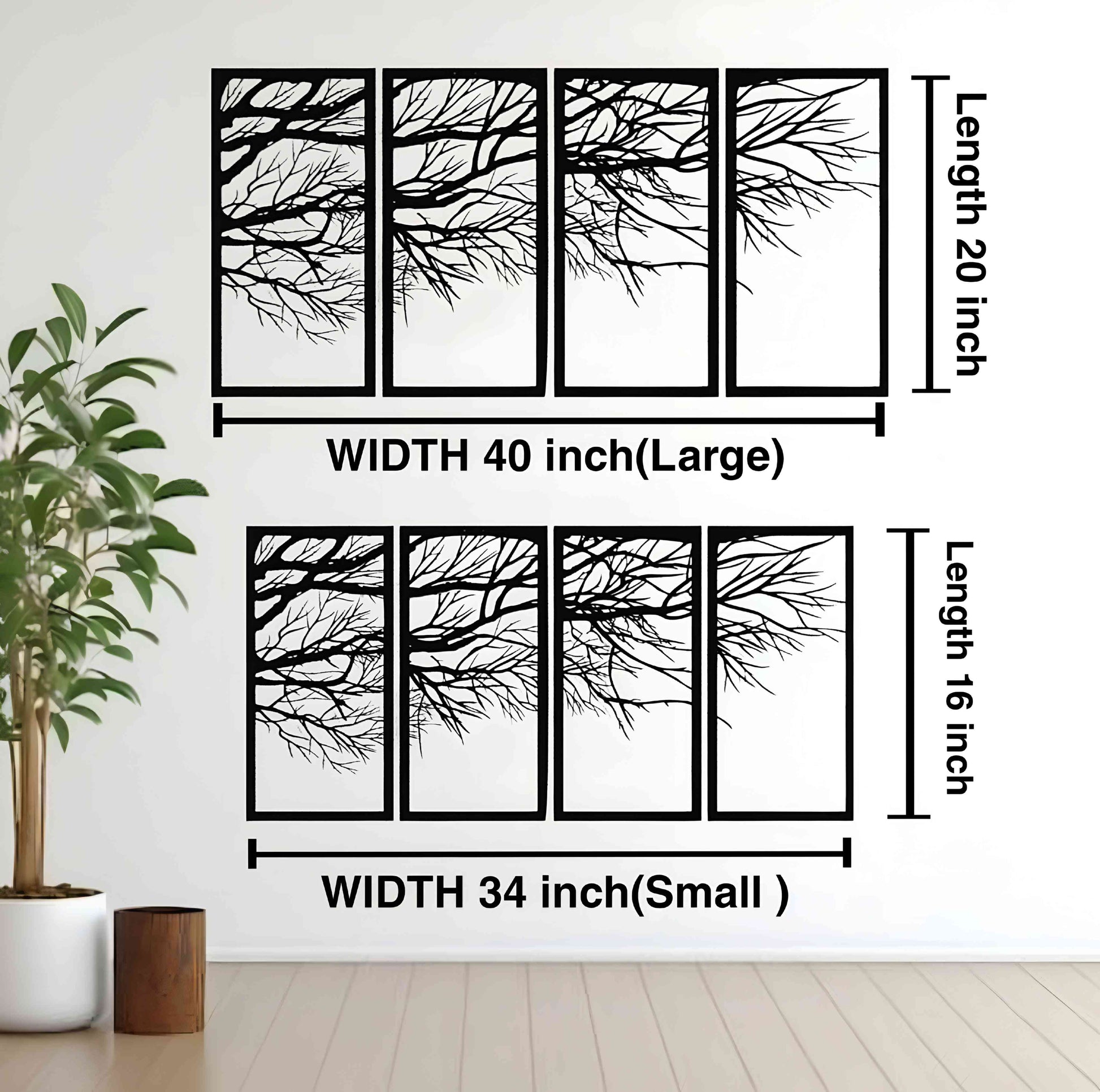 Wall art panels with tree design and measurements on a white wall.
