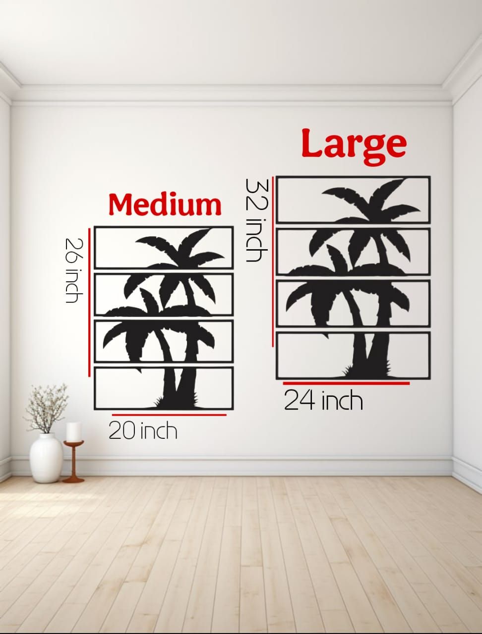 "Modern living room with beige sofa and black 4-panel palm tree metal wall art, minimal tropical home decor"