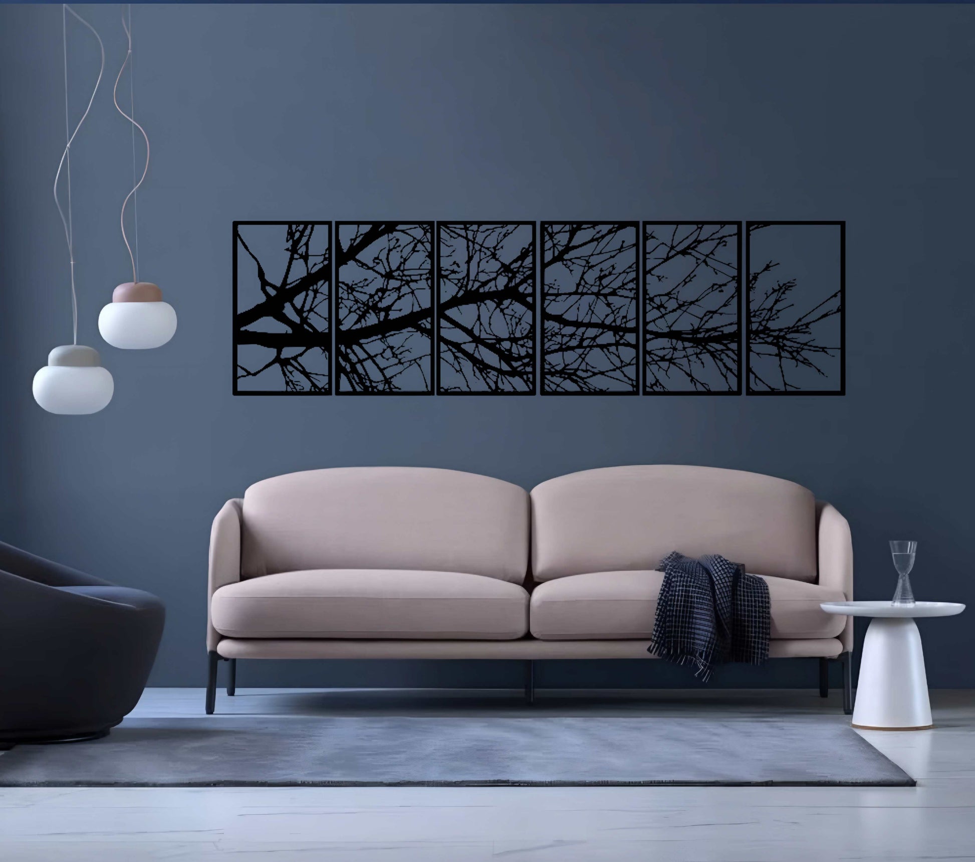 6 panel laser cut wooden wall art featuring abstract tree branches above a modern beige sofa"
