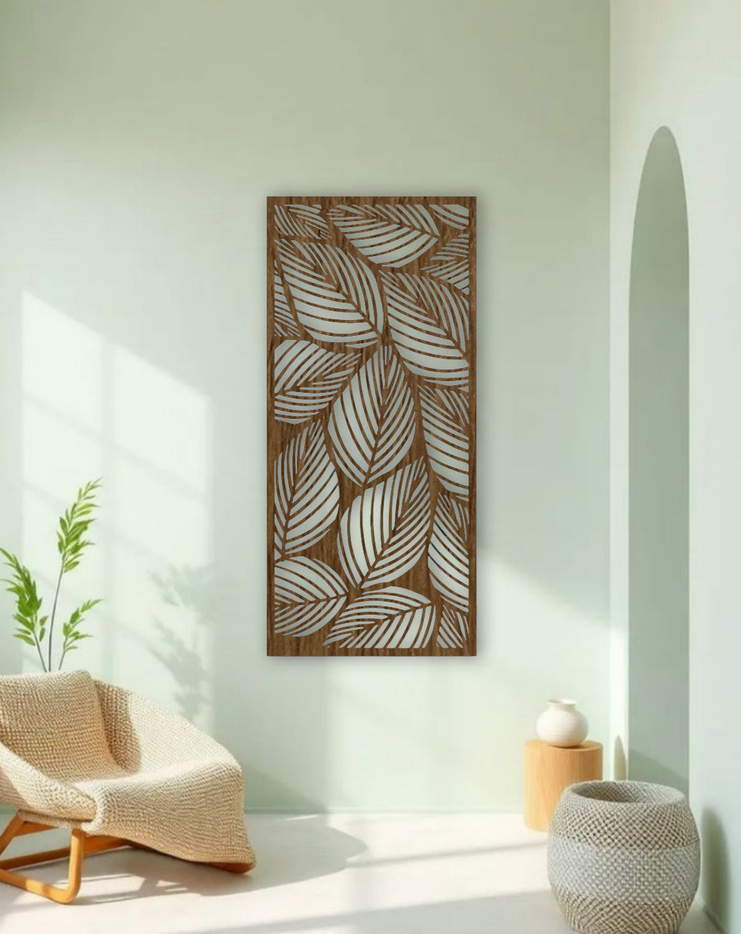 Elegant black wooden wall art with leaf pattern design, perfect for modern minimalist home decor interiors.
