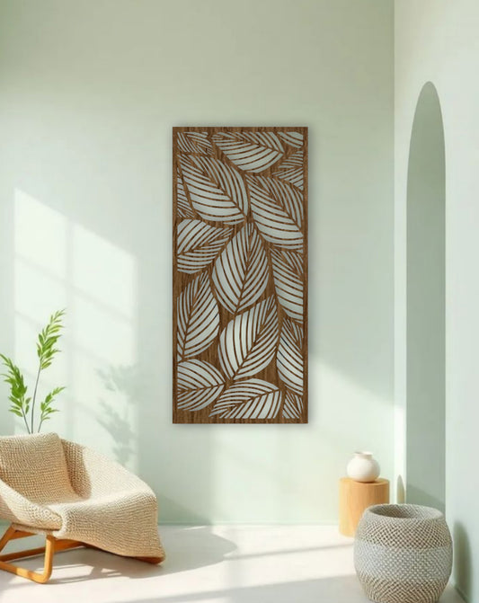 Elegant black wooden wall art with leaf pattern design, perfect for modern minimalist home decor interiors.