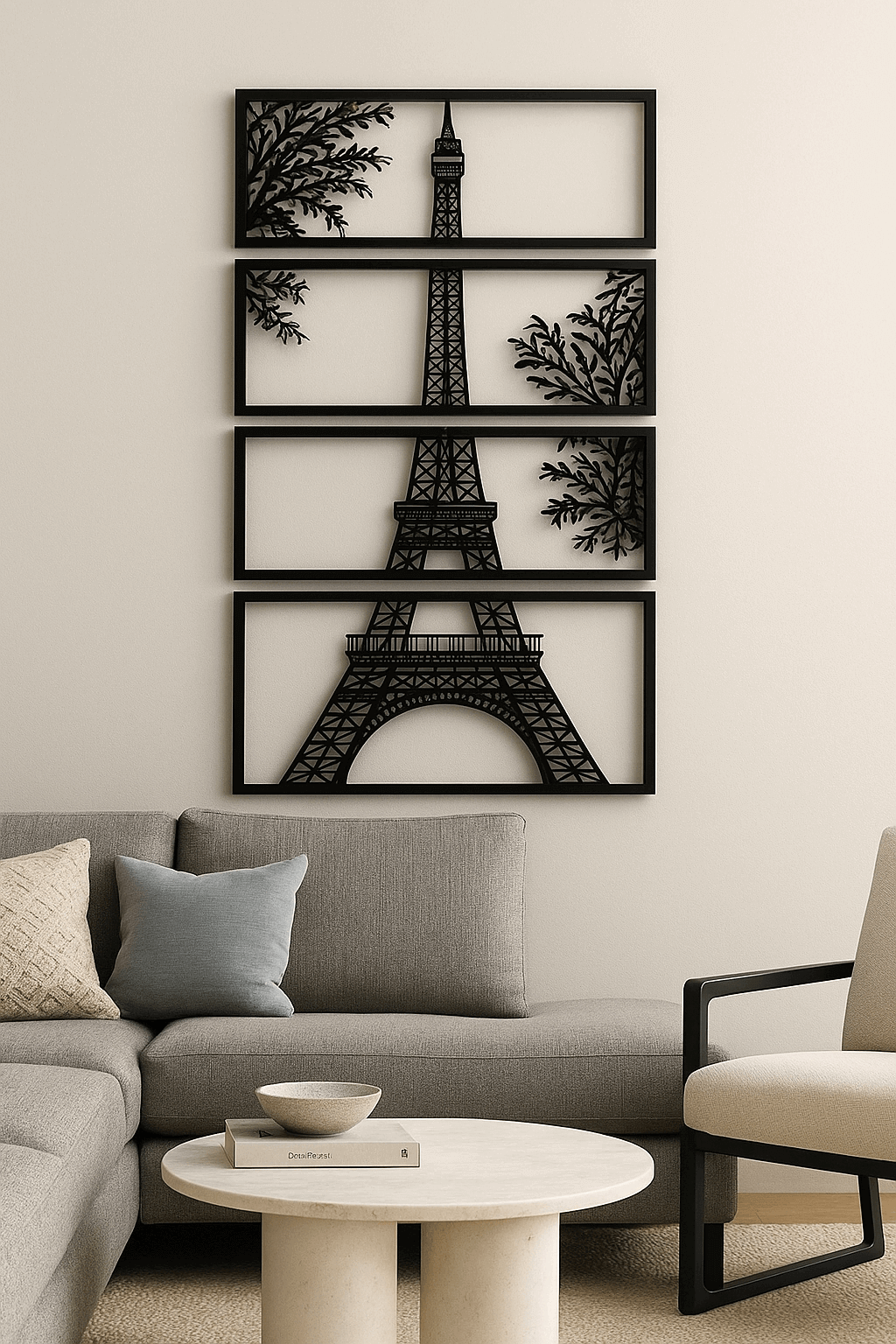 Decorative wall art of the Eiffel Tower in a living room setting.