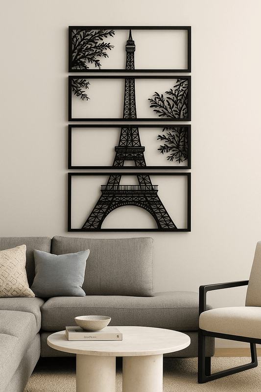 Decorative wall art of the Eiffel Tower in a living room setting.