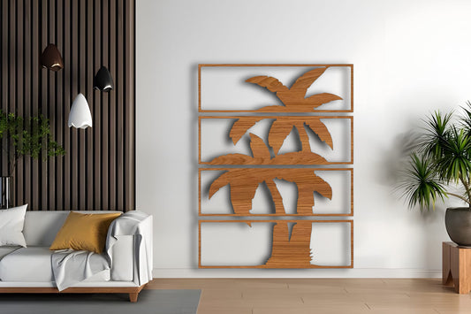 Contemporary living room with wooden palm tree wall art in 4-panel split design, tropical wood wall decor"