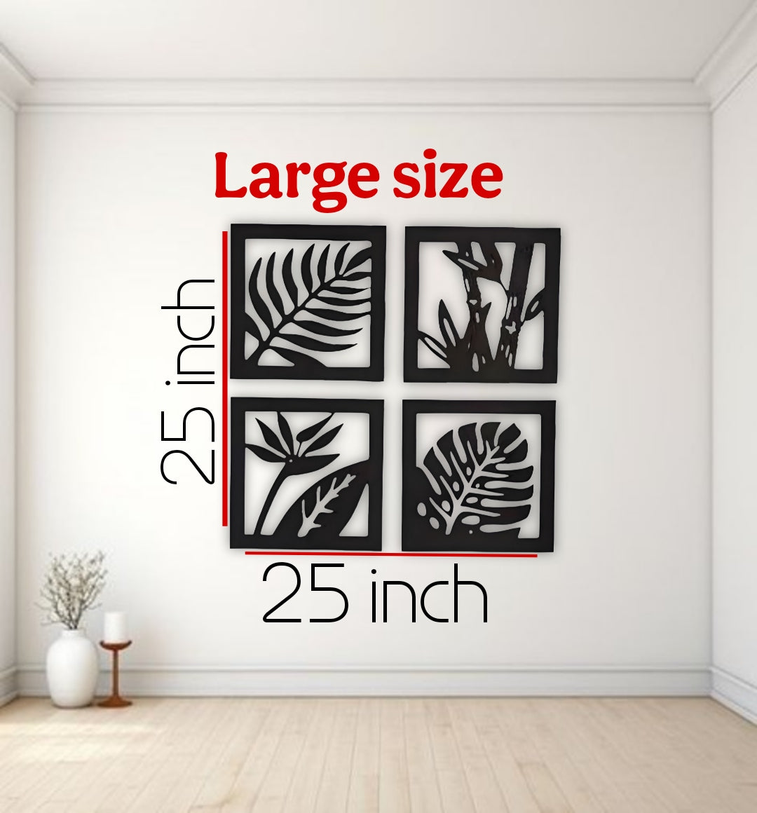 Four-piece square wooden wall art set with tropical leaf and plant designs in black finish, mounted above a modern wooden sideboard