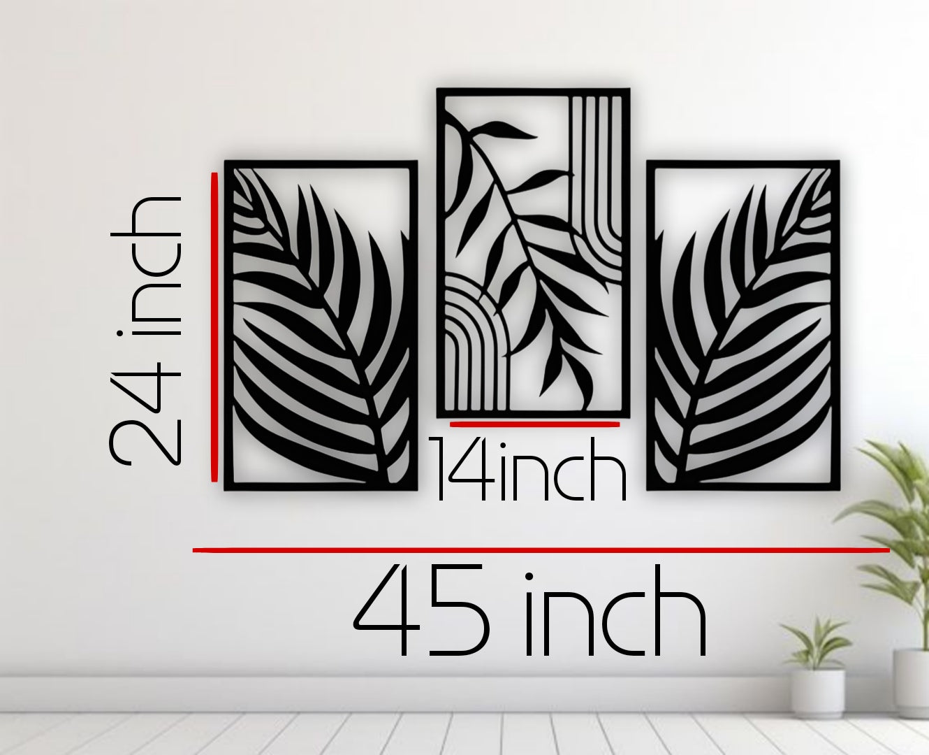 Modern 3-piece black wooden wall art featuring tropical palm leaf patterns, displayed above a light blue sofa in a minimalist grey living room