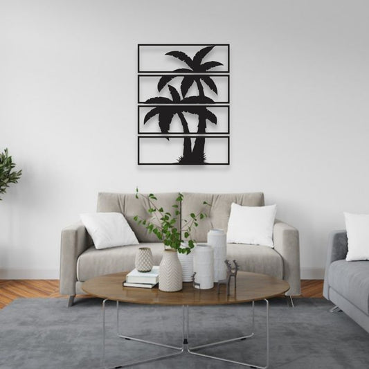 "Modern living room with beige sofa and black 4-panel palm tree metal wall art, minimal tropical home decor"