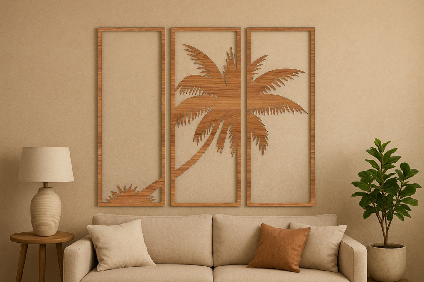 Three framed palm tree decorations on a beige wall above a sofa.