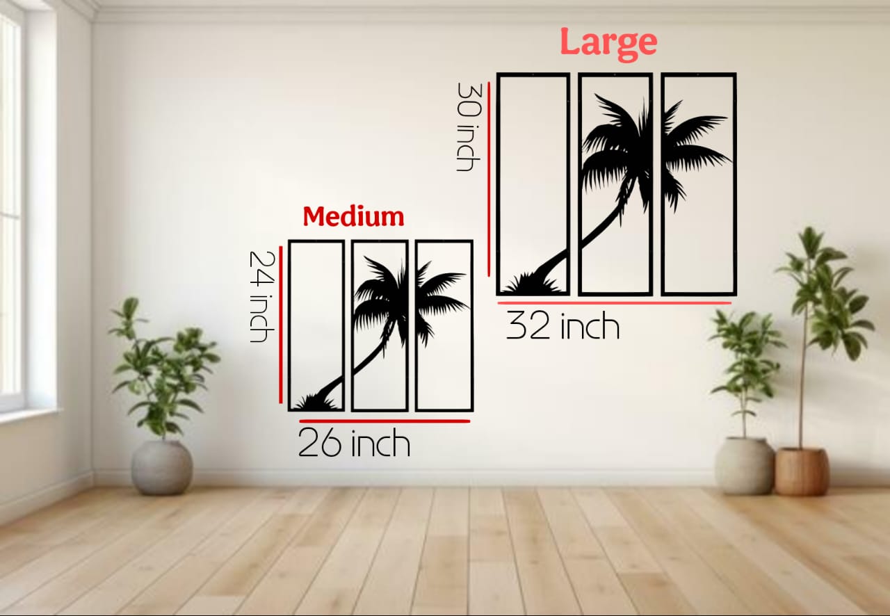 Wall decal of palm trees with size measurements on a wall.