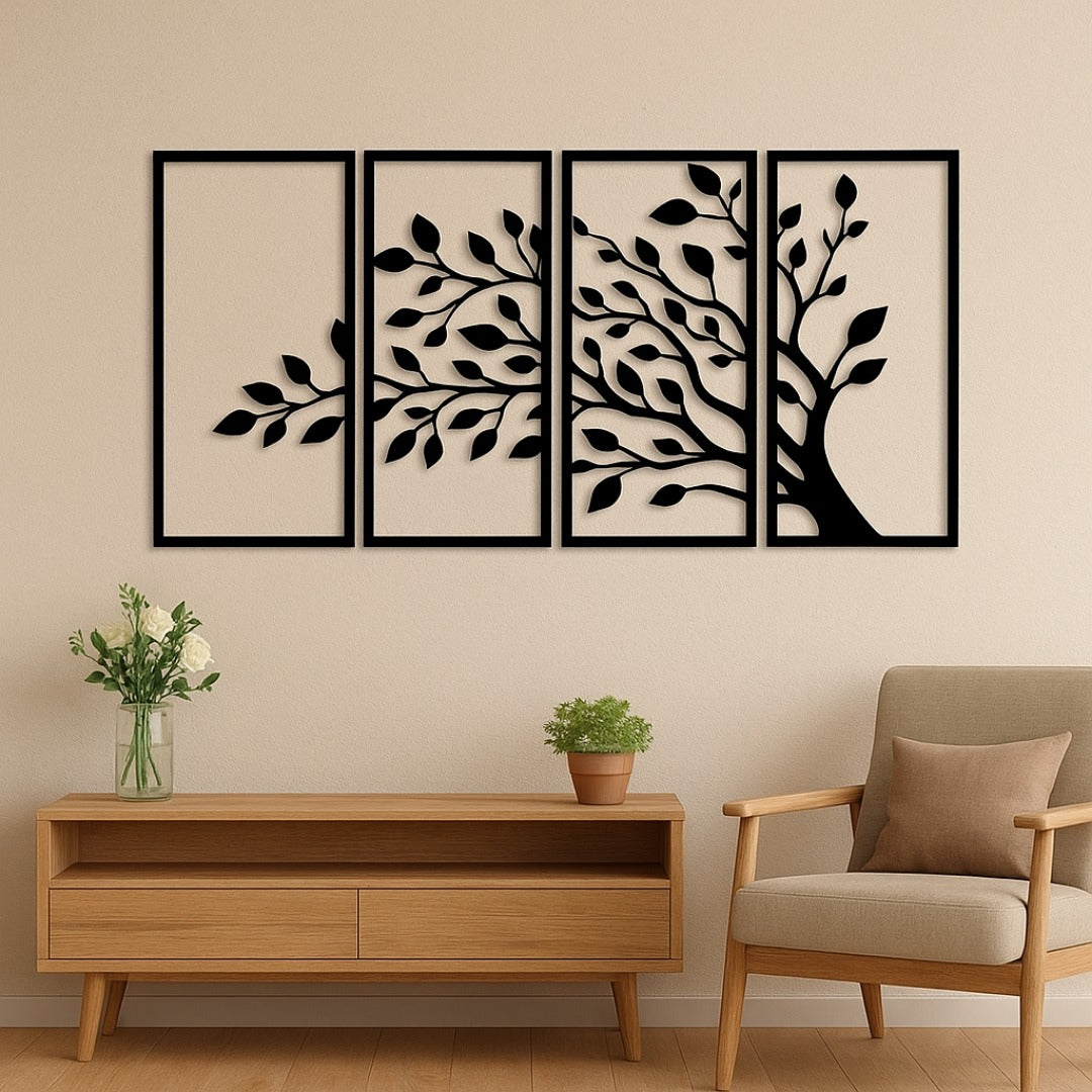 Modern Wooden Tree Wall Art – 4-Piece Nature Decor Set