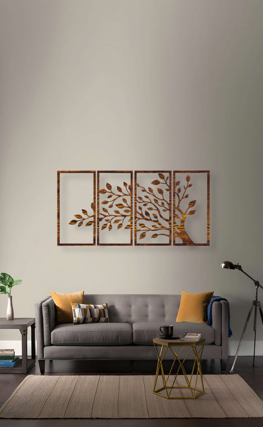 Modern Wooden Tree Wall Art – 4-Piece Nature Decor Set