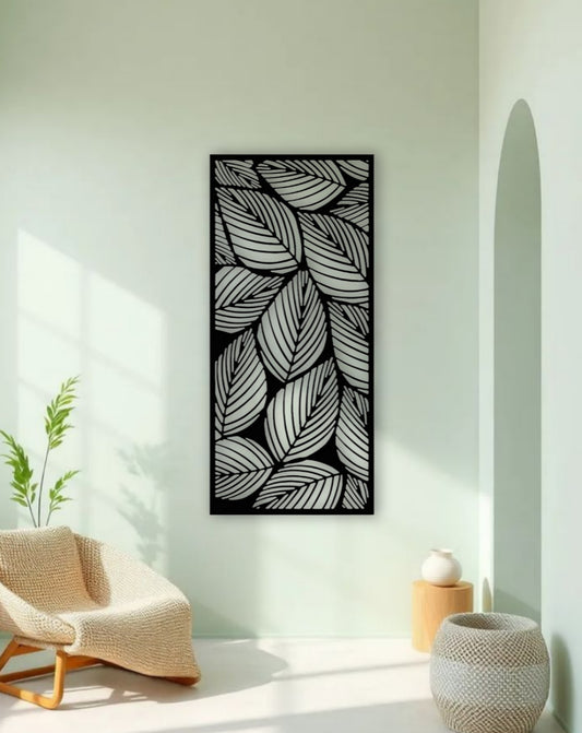 Elegant black wooden wall art with leaf pattern design, perfect for modern minimalist home decor interiors.