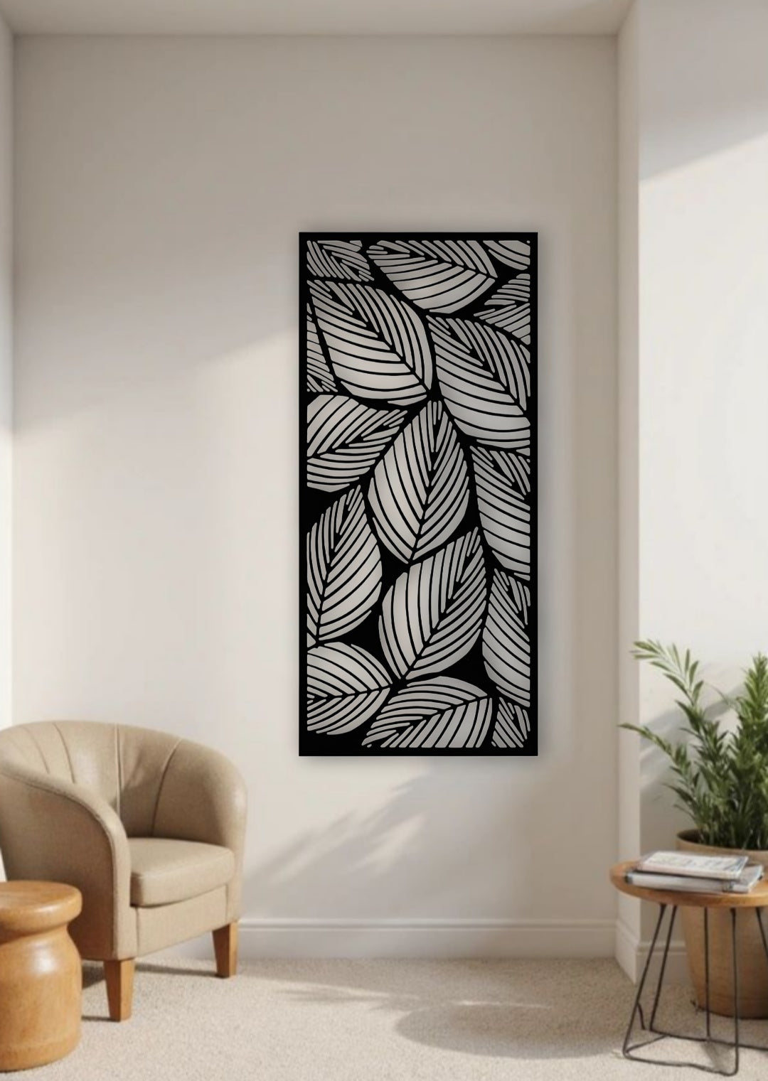 Elegant black wooden wall art with leaf pattern design, perfect for modern minimalist home decor interiors.