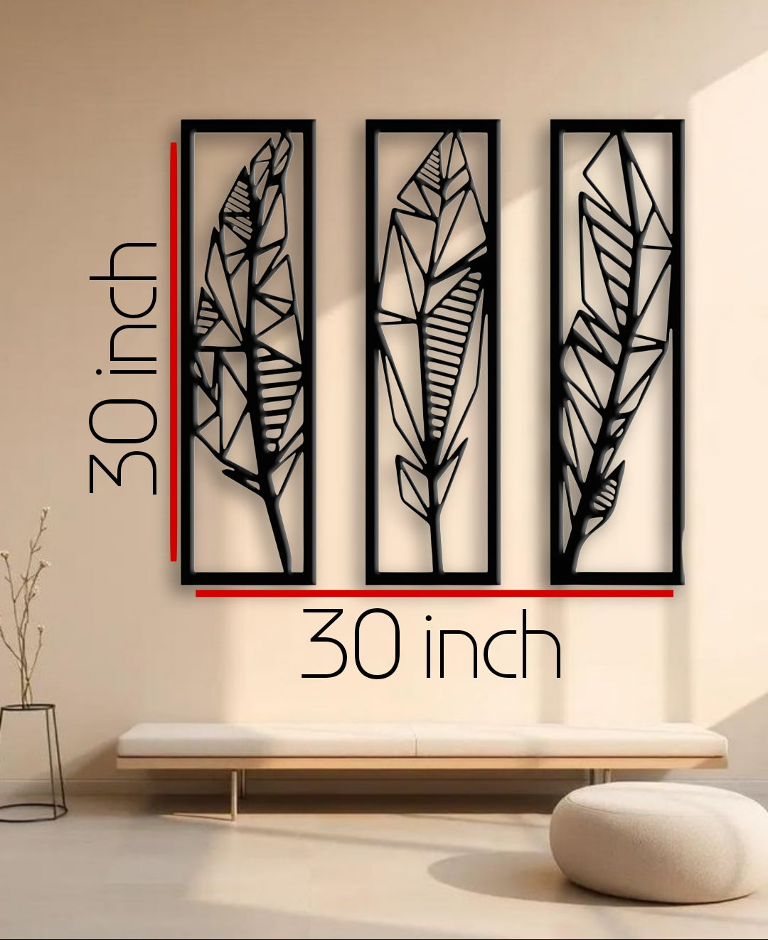 Modern black wooden wall art featuring a set of three vertical panels with abstract geometric feather designs, mounted on a light grey textured wall above a grey sofa.