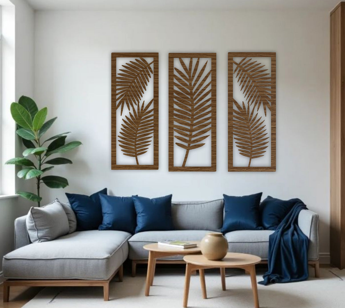 Palm leaf wooden wall panels in brown finish displayed in a contemporary living room with a concrete textured background.