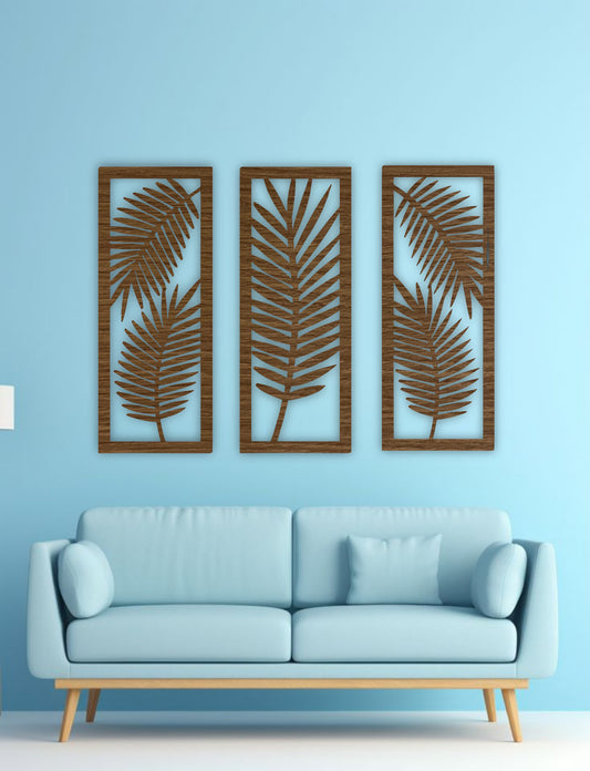 Palm leaf wooden wall panels in brown finish displayed in a contemporary living room with a concrete textured background.