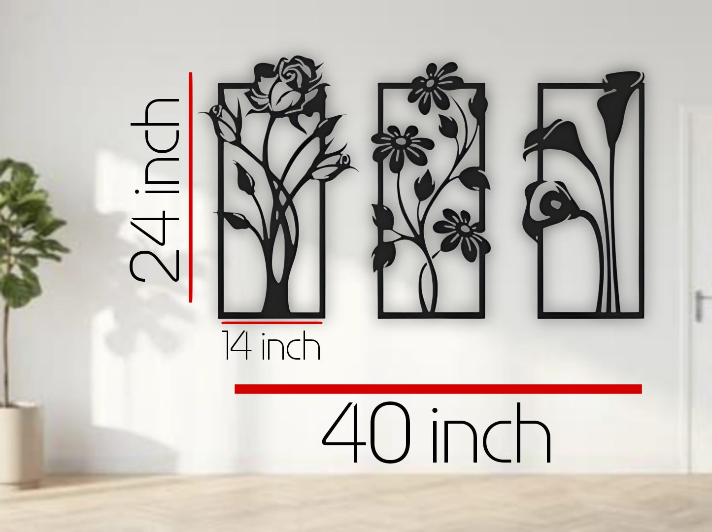 Modern floral-themed wooden wall art set in black finish with three nature-inspired panels mounted in a living space