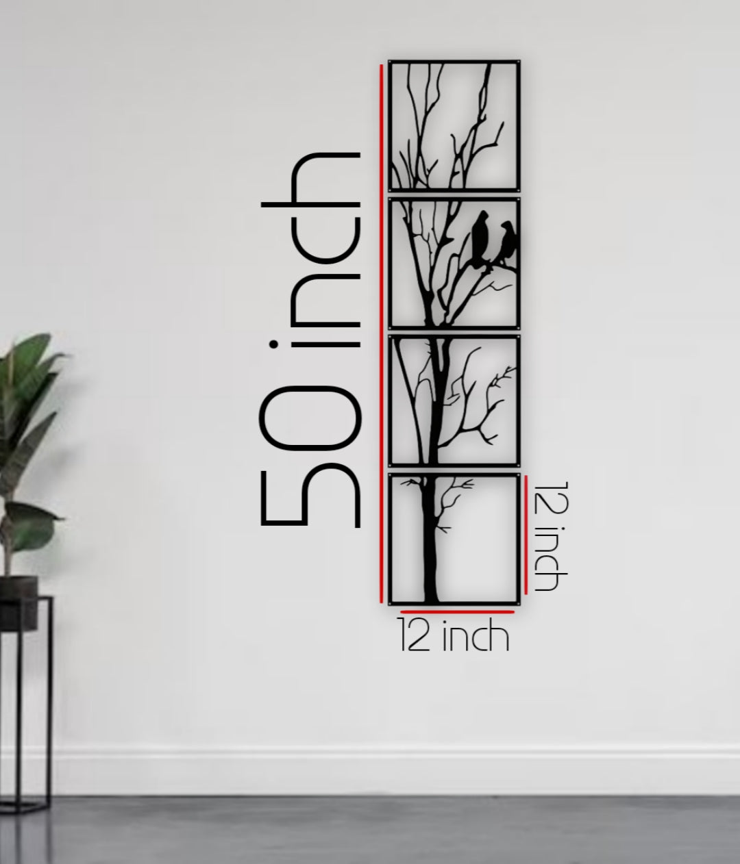 Black 4-panel vertical wooden wall art featuring a tree with two birds, total size 12x50 inches, mounted in a minimalist white interior with natural light and modern decor