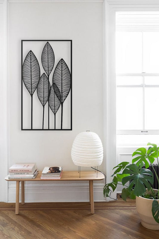 Modern wooden wall art with black leaf design for home decor