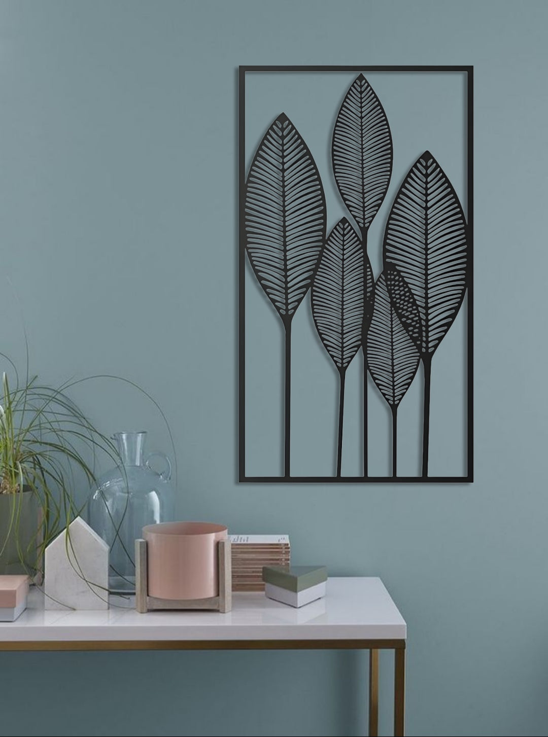 Modern wooden wall art with black leaf design for home decor