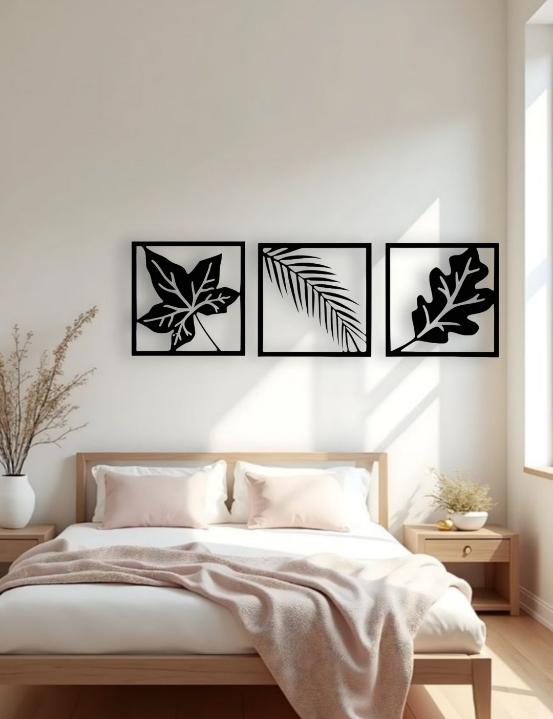 Modern wooden wall art in black featuring three framed botanical leaf designs mounted above a bed in a minimalist bedroom interior.