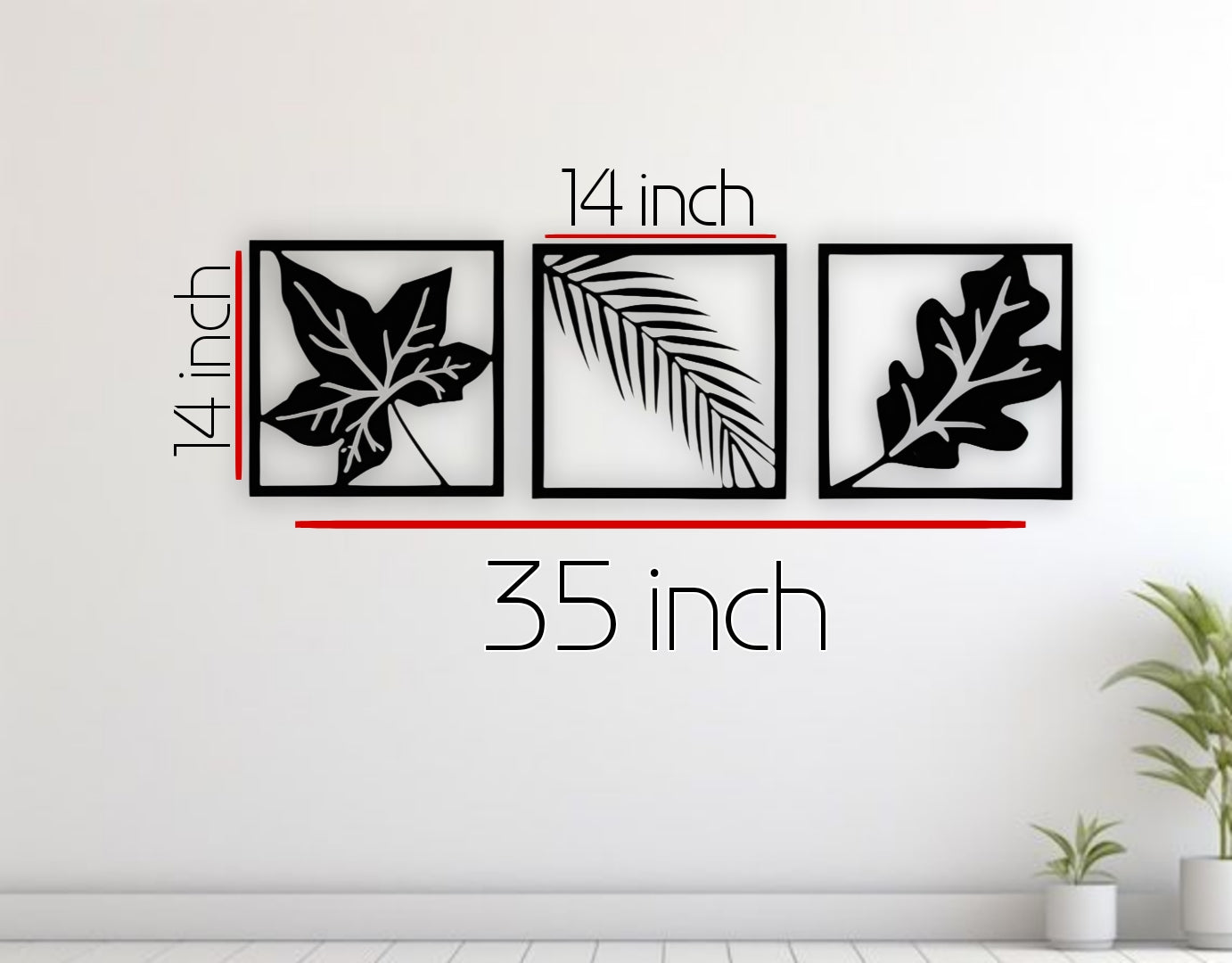 Modern wooden wall art in black featuring three framed botanical leaf designs mounted above a bed in a minimalist bedroom interior.