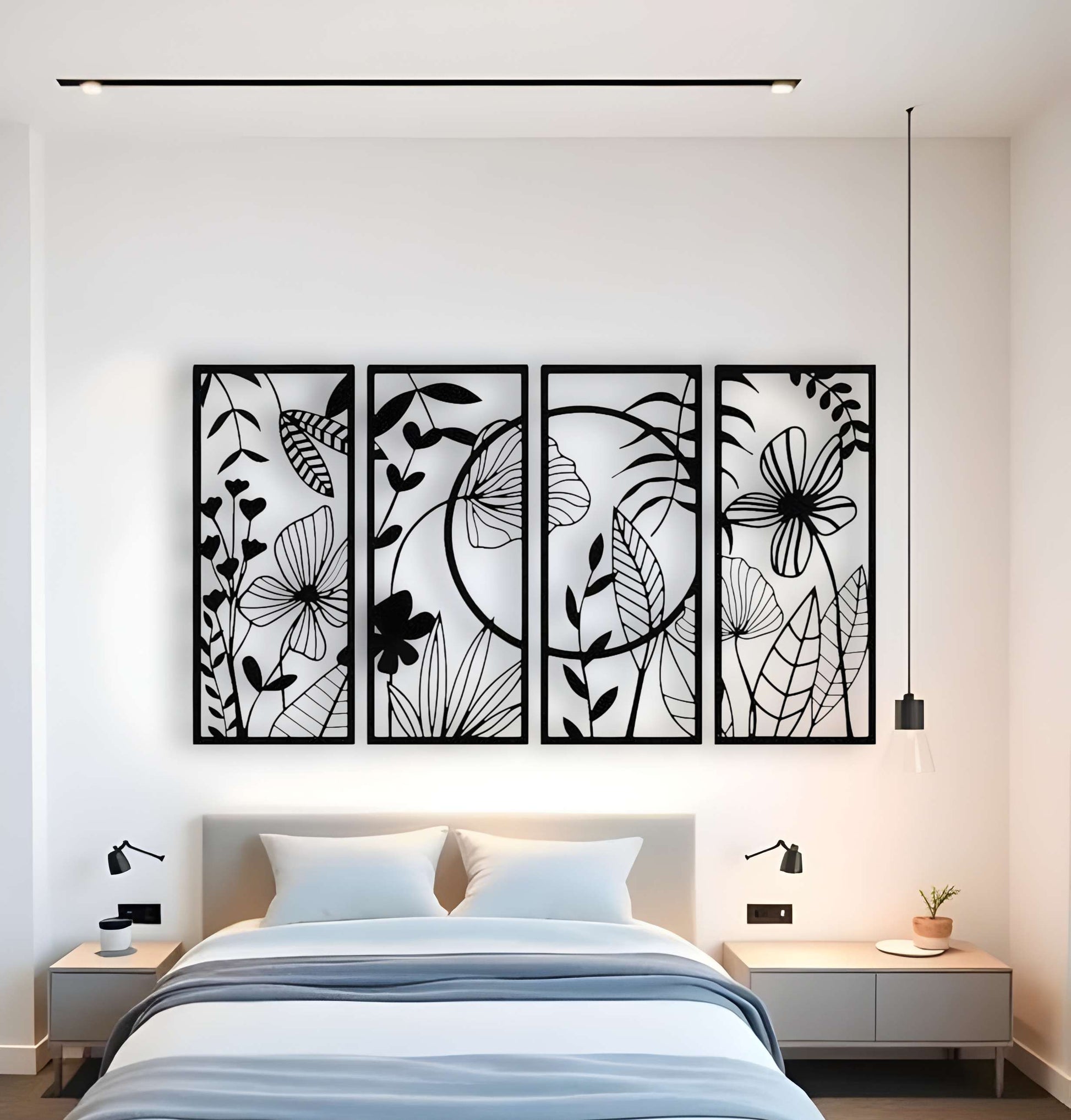 Elegant black wooden wall art featuring four vertical panels with floral and leaf cutout designs, mounted above a bed in a modern minimalist bedroom
