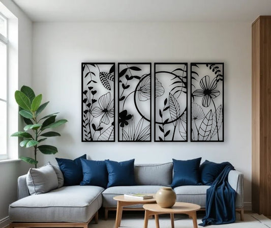 Elegant black wooden wall art featuring four vertical panels with floral and leaf cutout designs, mounted above a bed in a modern minimalist bedroom