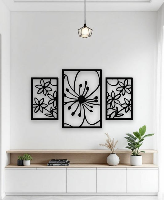 Modern wood black 3-piece wall art with floral carved design for home décor