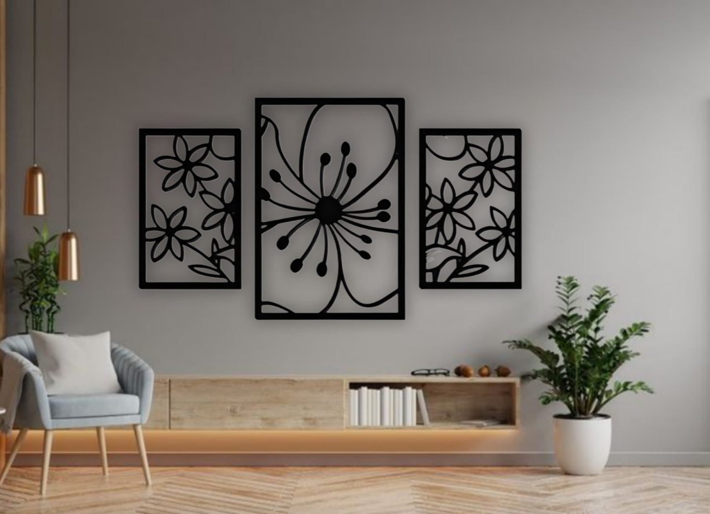 Modern wood black 3-piece wall art with floral carved design for home décor