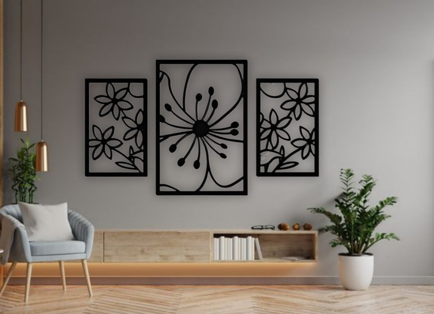 Modern wood black 3-piece wall art with floral carved design for home décor