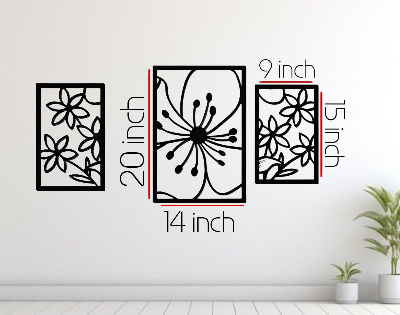 Modern wood black 3-piece wall art with floral carved design for home décor