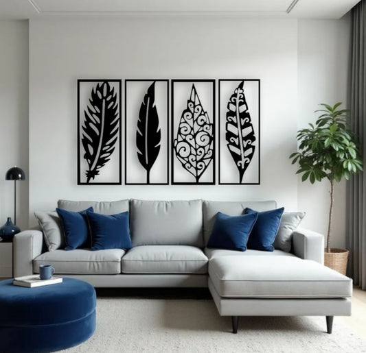 Modern wooden wall art panel set with feather and leaf design in black color for home décor