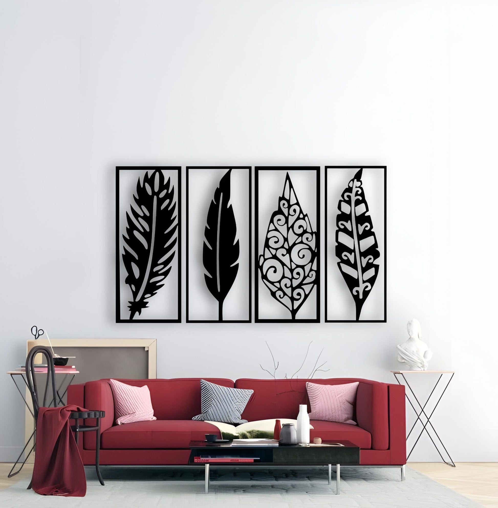 Modern wooden wall art panel set with feather and leaf design in black color for home décor