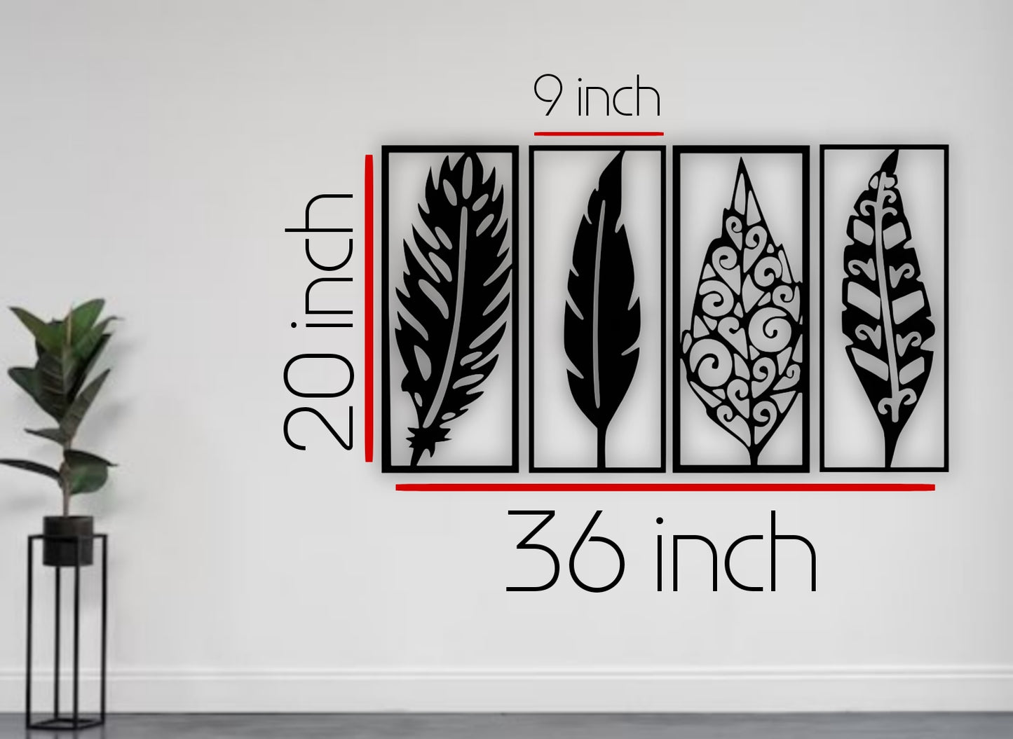 Modern wooden wall art panel set with feather and leaf design in black color for home décor"