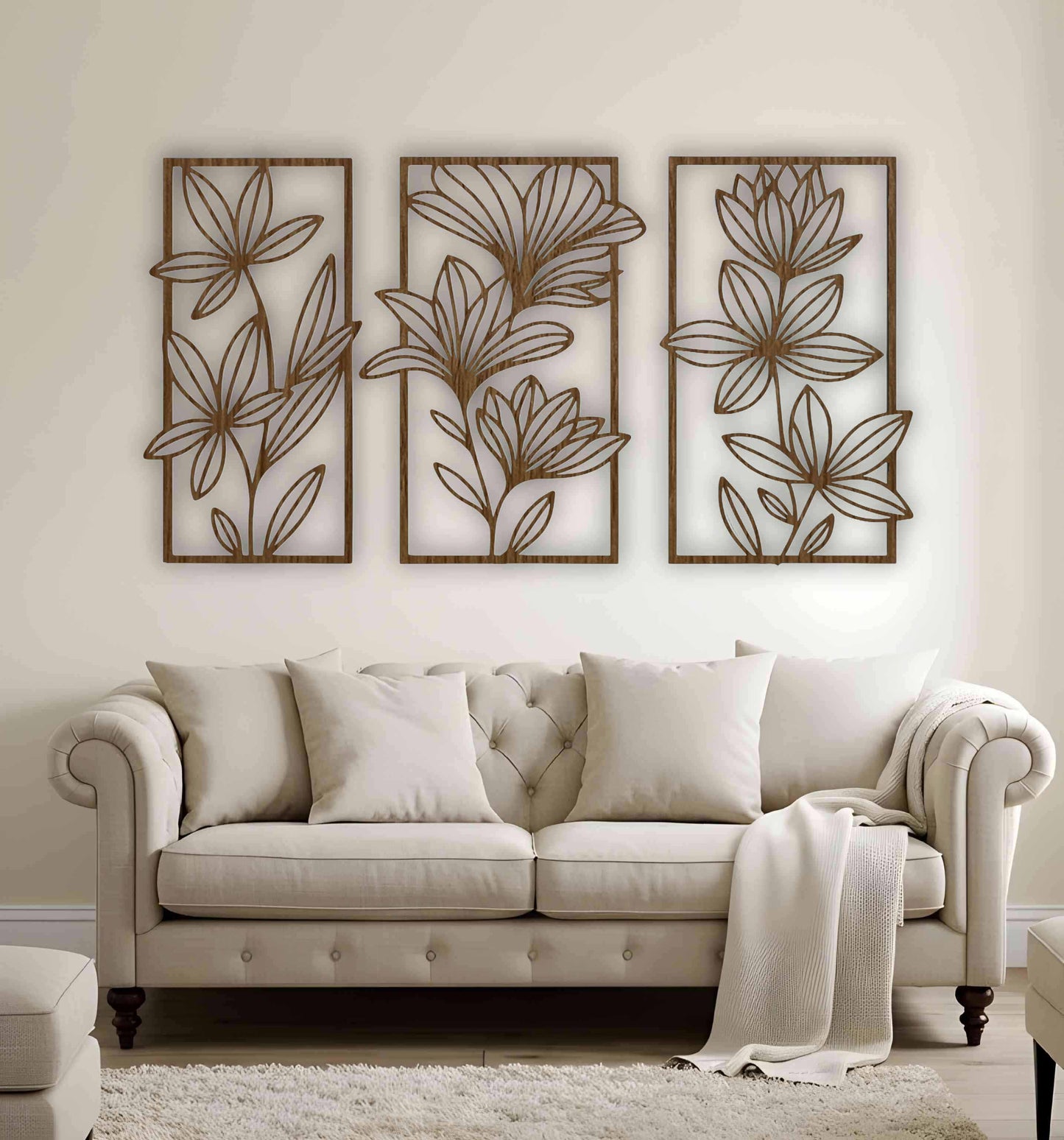 Rustic wood brown floral wall art panels arranged in a set of three, featuring botanical designs on a cream-colored wall above classic furniture