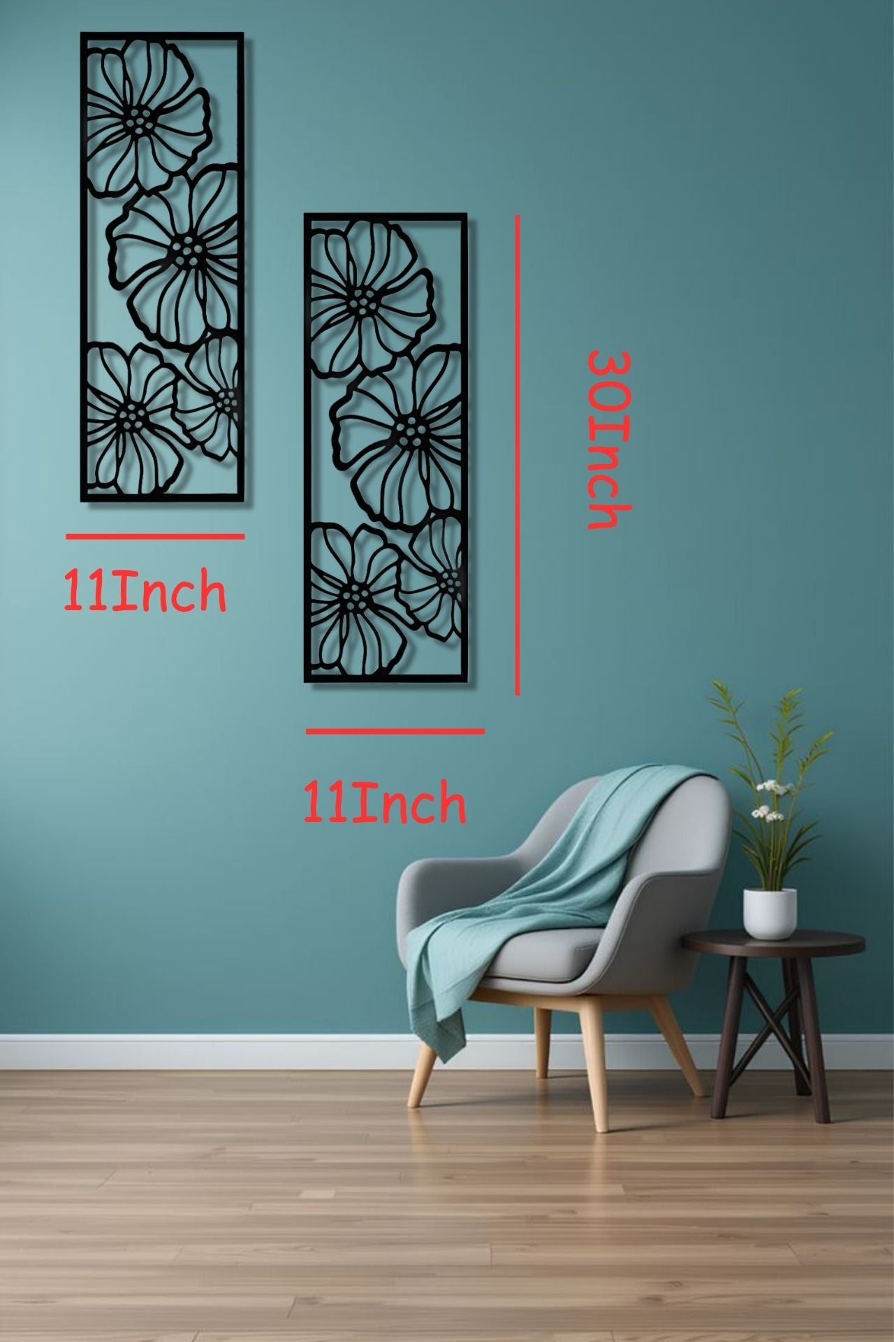 Black floral wooden wall art panel set of 2, measuring 11x30 inches, mounted above a modern light blue sofa in a minimalist living room with monochrome decor.