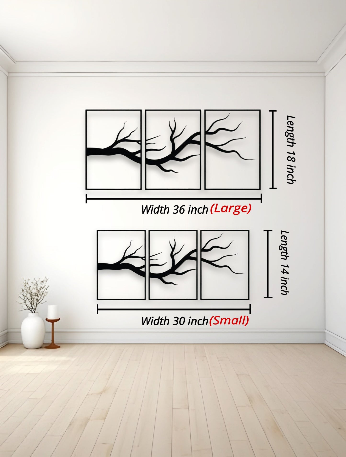 Wall art with branch design and measurements on a white wall.