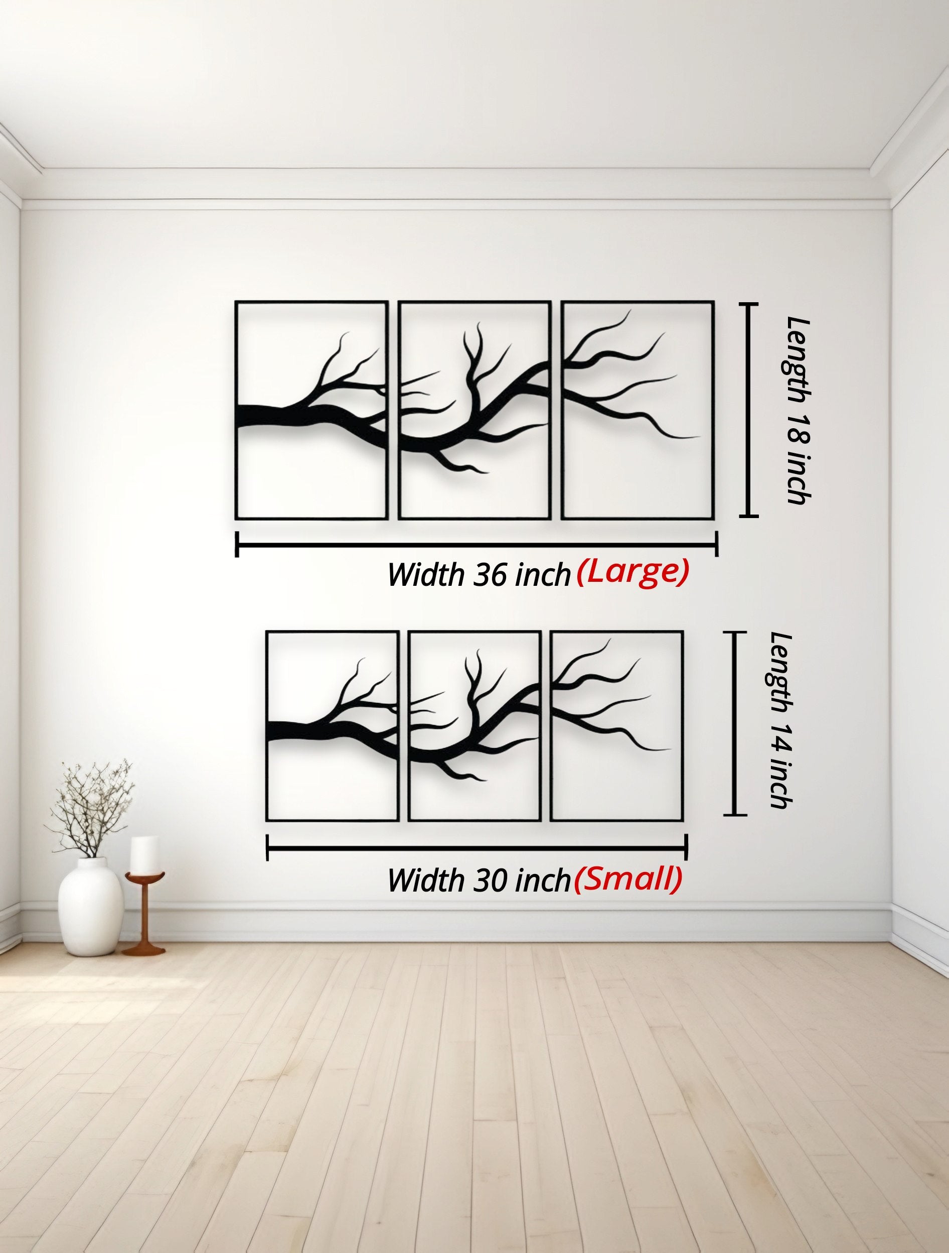 Wall art with branch design and measurements on a white wall.