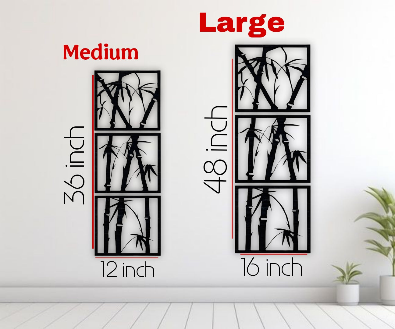 Vertical 3-piece wooden bamboo wall art panels in matte black, mounted on a white wall in a modern reading nook with beige armchair and green indoor plant.