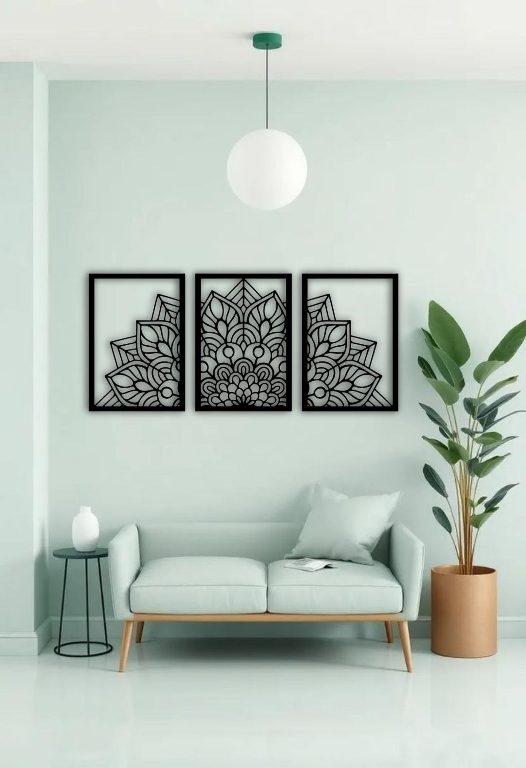 "Three-panel black wooden laser cut mandala wall art displayed above a beige modern sofa in a minimalist living room. Each panel features a symmetrical floral mandala design with clean geometric detailing, creating a balanced and artistic focal point."