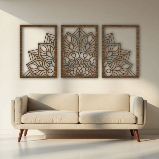 "Three-panel black wooden laser cut mandala wall art displayed above a beige modern sofa in a minimalist living room. Each panel features a symmetrical floral mandala design with clean geometric detailing, creating a balanced and artistic focal point."