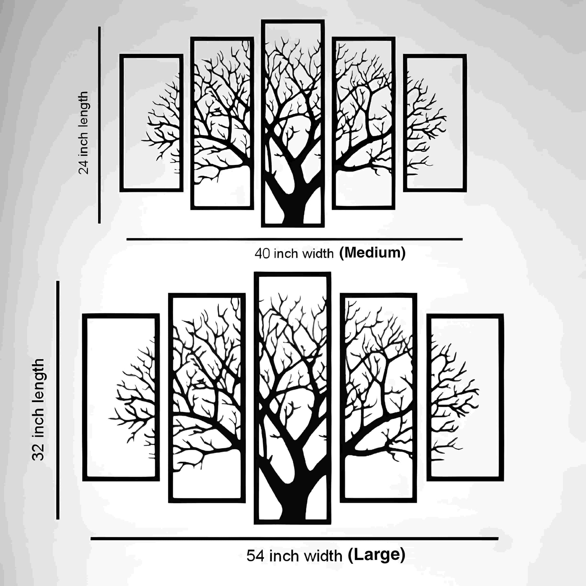 Tree wall art set with dimensions on a white background