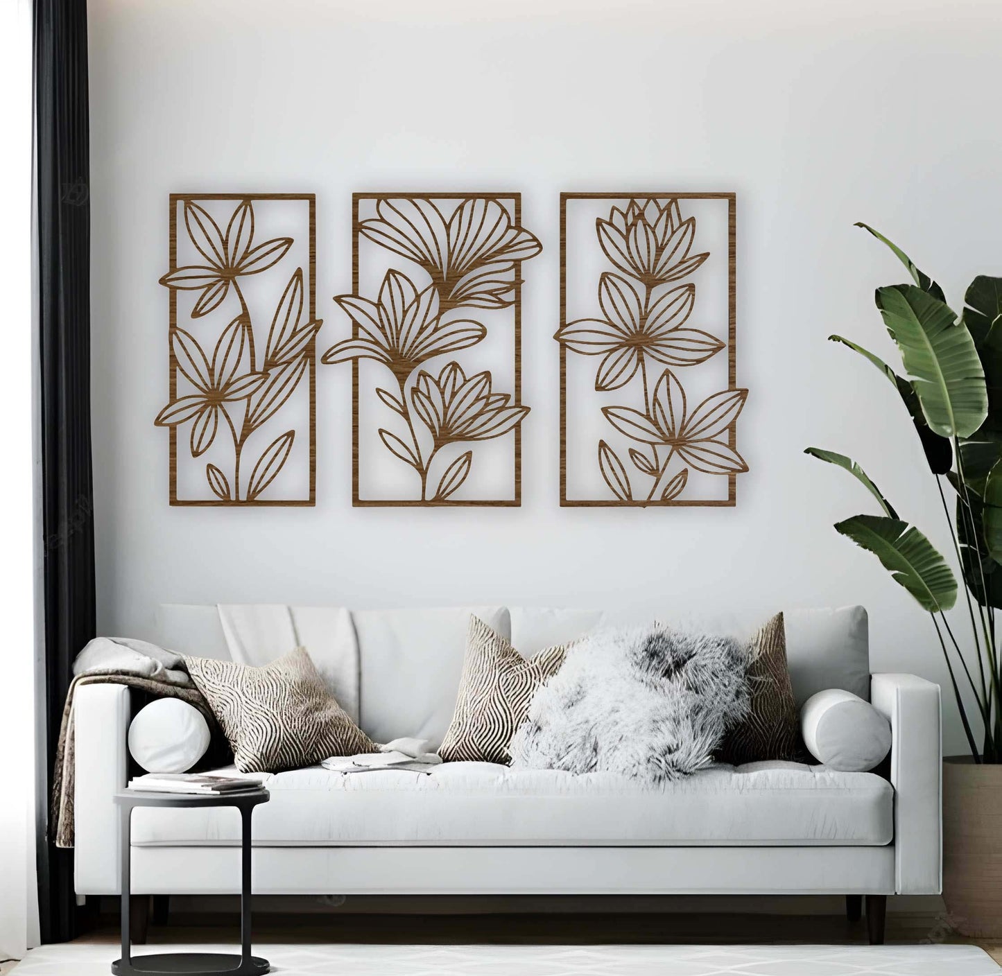 Rustic wood brown floral wall art panels arranged in a set of three, featuring botanical designs on a cream-colored wall above classic furniture